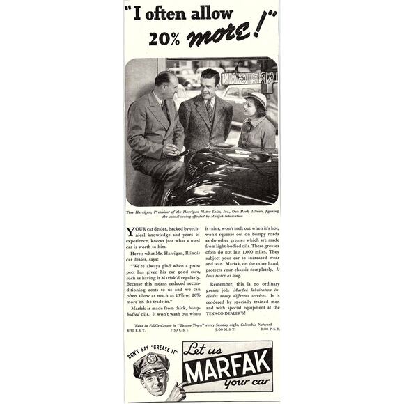 None Other - Harrigan Motor Sales, Inc. Oak Park IL Tom Harrigan 1937 Ad SV1-6